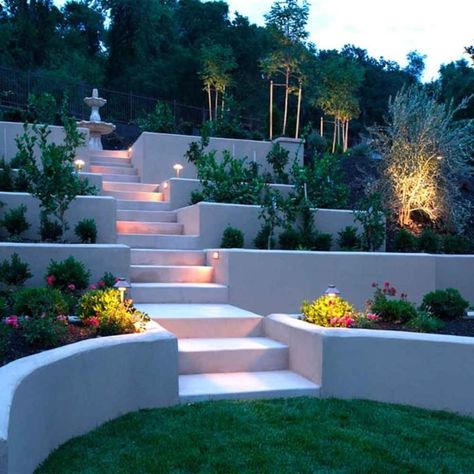 Decorative Retaining Walls, Hardscape Backyard, Backyard Retaining Walls, Sloped Backyard Landscaping, Retaining Wall Design, Garden Retaining Wall, Garden Wall Designs, Concrete Retaining Walls, Landscape Lighting Design