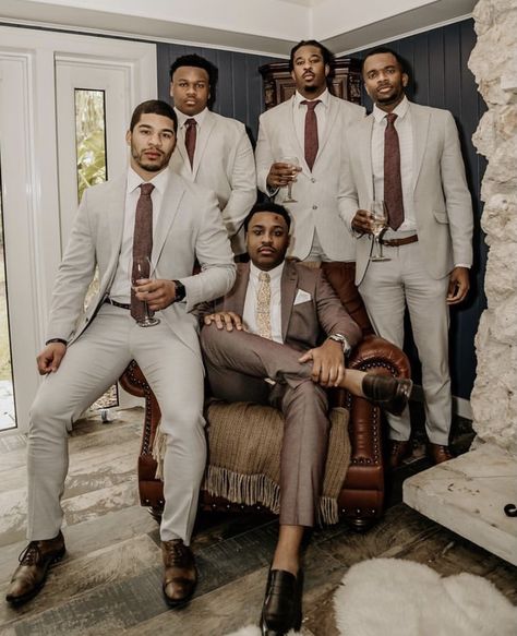 Men Groomsmen Outfits, Grey And Brown Groomsmen Attire, Shades Of Brown Groomsmen Suits, Brown Colored Wedding, Wedding Brown Theme, Groomens Attire, Groomsmen Aesthetic, Mocha Wedding Theme, Groom Linen Suit