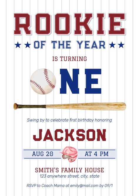 Rookie of the Year 1st Birthday Baseball Photo Invitation Rookie Year First Birthday, 1st Birthday Baseball, Baseball Invitations, Sports Birthday Invitations, Bat Ball, Birthday Watercolor, Rookie Of The Year, Photo Birthday Invitations, Baseball Photos