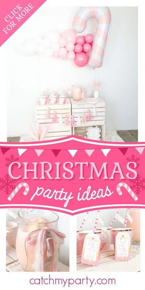 Feast your eyes on this cute pink Christmas party! The backdrop is so much fun! See more party ideas and share yours at CatchMyParty.com #catchmyparty #partyideas #christmas #christmasparty Friendmas Party Ideas Food, Friendmas Party Ideas Games, Pinkmas Party, Friendmas Party Ideas, Peppermint Punch, Winter Party Invitations, Winter Party Favors, Winter Birthday Ideas, Pink Christmas Party