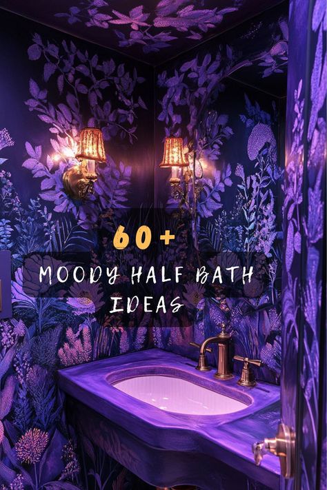 Achieve A Trendy Look With 60 Modern Moody Half Bath Designs That Stand Out! 🛁💫 From Sleek Fixtures To Dark Color Palettes, You’ll Find Ideas That Fit Any Style. Want To Discover The Latest Trends In Half Baths? Click For More Modern Inspirations! 🌟🖤 #ModernHalfBath #MoodyBathroom #HomeInspiration #ChicDesign #StylishSpaces #InteriorTrends #BathroomGoals Celestial Powder Room, Dark Nautical Bathroom, Dark Forest Bathroom, Moody Half Bathroom Ideas, Unique Powder Rooms, Half Bath Designs, Moody Half Bath, Dark Teal Bathroom, Purple Bathroom Ideas