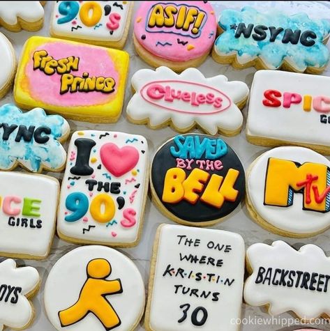 90s Birthday Party Theme Food, 90s Themed Cookies Decorated, 90s Theme Birthday Cake For Women, 90s Decorated Cookies, 90s Theme First Birthday Party, 90s Theme Cookies, 90s Cookies Decorated, 90s Cookies, 90s Birthday Party Theme