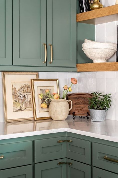 Sage Green Cabinet Black Hardware, Green Accent Backsplash, Kitchen Flooring With Green Cabinets, Kitchen Decor With Green Cabinets, Boho Green Cabinets, Full Wall Kitchen Tile, Painted Cabinets Kitchen Green, Small Kitchen Remodel Green, Kitchen Ideas Sage Green Cabinets