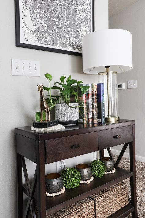 Entryway Storage Table, 3 Shelf Sofa Table Decor, Entryway Table Decor Dark Wood, Dark Wood Entry Table Decor, Entryway Table With Plants, 3 Shelf Console Table Decorating, 3 Shelf Entry Table Decor, Middle Table Decor, Console Table Decorating Living Room