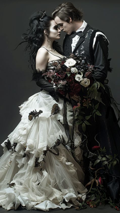 wedding couple in a gothic themed wedding Wedding Gothic Dress, Gothic Wedding Photo Ideas, Black Winter Wedding Dress, Vintage Goth Wedding Ideas, Gothic Wedding Hairstyles Brides, Metal Head Wedding, Soft Goth Wedding, Wedding Dresses With Black Lace, Vintage Gothic Wedding Dress