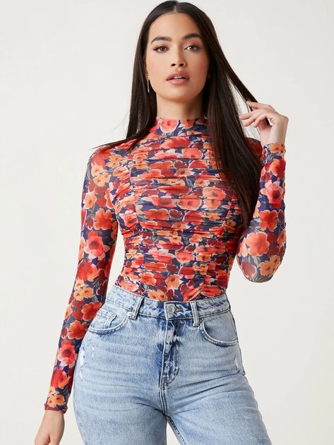 Mock-neck Ruched Floral Mesh Top | SHEIN USA Floral Mesh Top, Mesh Crop Top, Women Figure, Green Flower, Knit Crop Top, Knit Crop, Shein Style, Ulla Johnson, Women Tops