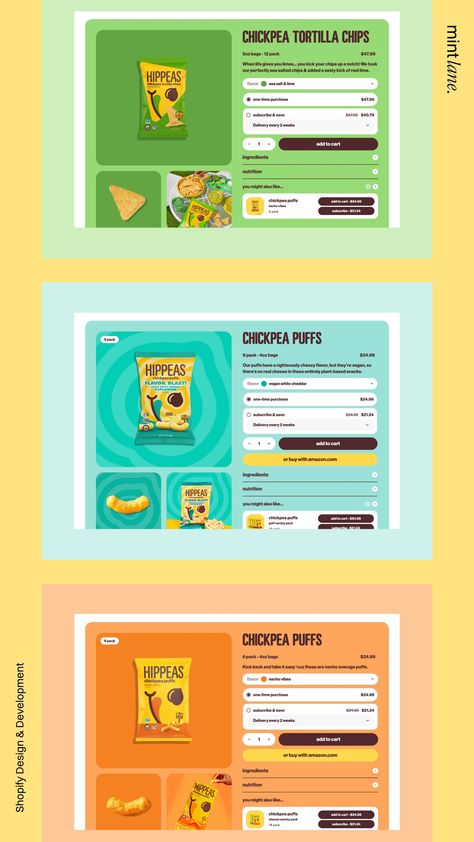 Hippeas, a multi-million dollar chip company, wanted to elevate their website and enhance the user experience.  Shopify Website and Development by Mint Lane Studio. The new design incorporates vibrant visuals, new features like subscriptions and easy upsells, and a playful yet professional look, all crafted to maximize conversions. Mint Lane Studio’s colorful and fun approach to the product pages makes the website both engaging and effective. Website Product Page, Product Page Design, Food Website Design, Colorful Website Design, Colorful Website, Plant Based Snacks, Ecommerce Websites, Brand Website, Shopify Design