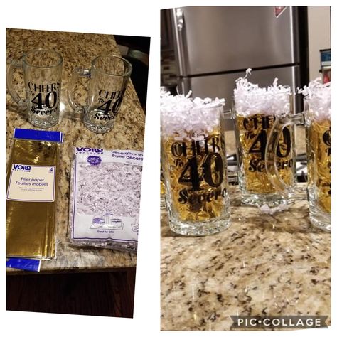 Create beer mug favors from Dollar Tree items Beer Mug Decorations, Beer Mugs Centerpieces, Beer Party Centerpieces, Beer Centerpieces For Men Party, 30th Birthday Centerpieces For Men, Beer Centerpieces For Men, Beer Mug Centerpiece, Beer Centerpieces, Mug Favors