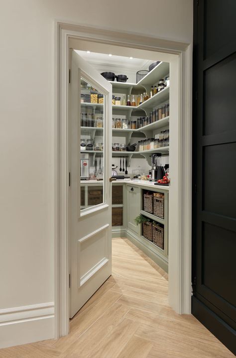 Small Walk In Pantry, Tom Howley Kitchens, Walk In Pantry Ideas, Pantry Lighting, Tom Howley, White Pantry, Glass Pantry Door, Better Organization, Kitchen Larder