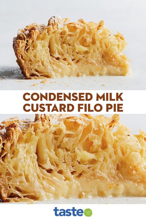 Condensed Milk Custard Filo Pie, Condensed Milk Custard, Filo Pastry Recipes, Condensed Milk Recipe, Filo Pie, Milk Custard, Phyllo Recipes, Pasta Fillo, Potluck Dinner