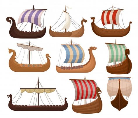 Vikings For Kids, Barco Viking, Ship Vector, Boat Illustration, Wooden Shield, Boat Drawing, Scandinavian Pattern, Nordic Vikings, Fantasy Maps