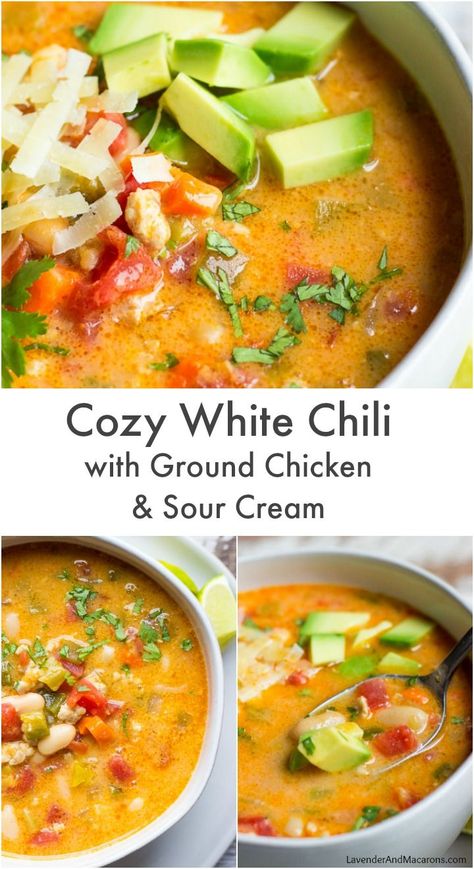 Chili With Ground Chicken, Ground Chicken Chili Recipe, Best White Chicken Chili, Ground Chicken Chili, White Chicken Chili Healthy, Lavender Macarons, Chicken Chili Crockpot, White Chili, White Chili Chicken Recipe