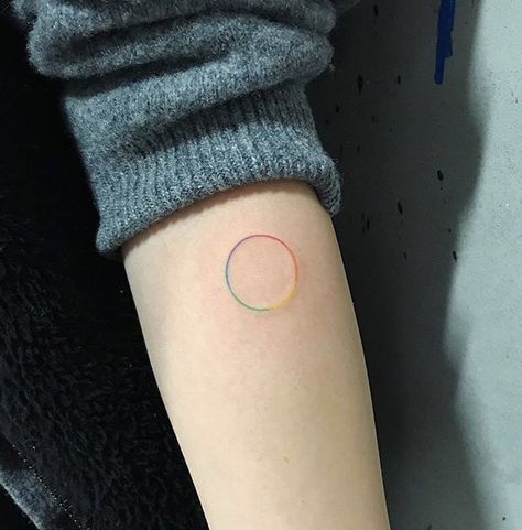 Colour Wheel Tattoo, Rainbow Circle Tattoo, Rainbow Line Tattoo, Tiny Colorful Tattoos, Colorful Tattoo Ideas, Color Wheel Tattoo, Harmony Tattoo, Lgbt Tattoo, Small Colorful Tattoos