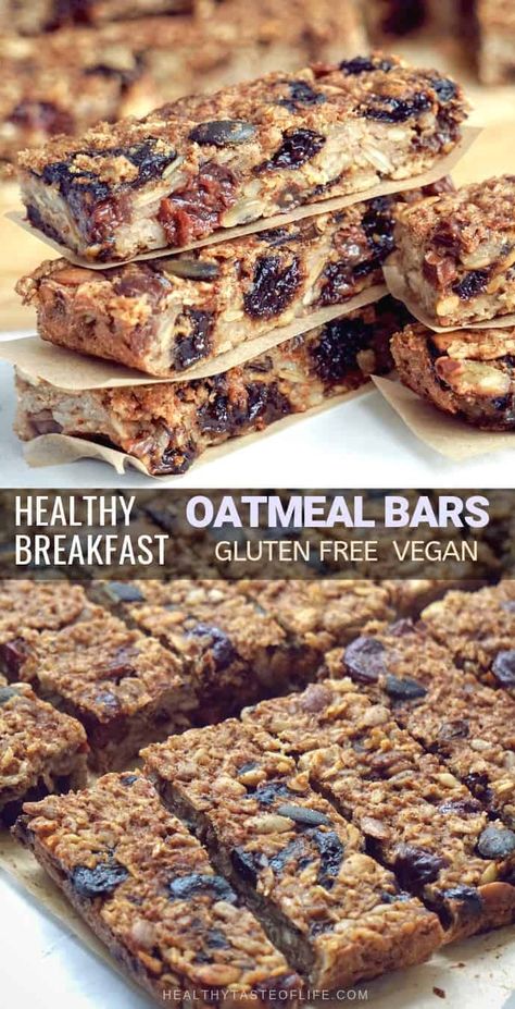 Healthy oatmeal breakfast bars (gluten free, vegan) recipe made by using a mixture of gluten free rolled oats and dried fruits. Soft and chewy – no chocolate and no sugar added. Great for a to-go breakfast or healthy snack, kids will love them too. This healthy oatmeal breakfast bars are perfect for your clean eating and vegan diet. Baked Oatmeal Breakfast Bars, Rolled Oats Breakfast, Homemade Oatmeal Bars, Cherry Jelly Recipes, Oatmeal Breakfast Bars Healthy, Oat Bars Healthy, Rolled Oats Recipe, Gluten Free Breakfast Bars, Bars Recipes Healthy