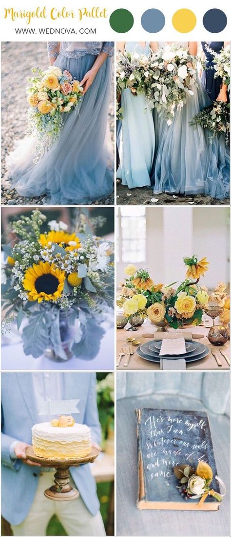 Marigold Spring Wedding Blue and yellow| Bright wedding colors| spring wedding theme| Sunflower wedding| Dusty blue and bright yellow Blue Summer Palette, January Wedding Inspiration, Summer Yellow Wedding, Dusty Blue And Lemon Yellow Wedding, Rustic Wedding Color Schemes Summer Colour Palettes, Blue Purple Yellow Wedding, Wedding Pallet Ideas Colour Schemes Summer, Wedding Pallet Colors, Wedding Color Pallet Ideas Summer