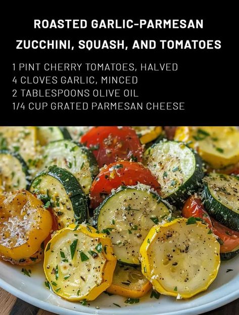 Roasted Garlic-Parmesan Zucchini, Squash, and Tomatoes – 99easyrecipes Roasted Parmesan Zucchini And Tomatoes, Roasted Garlic Parmesan Zucchini Squash And Tomato, Roasted Garlic Parmesan Zucchini, Roasted Squash And Zucchini Recipes, Roasted Zucchini And Yellow Squash, Zucchini Sides, Roasted Squash And Zucchini, Zucchini And Squash Recipes, Baked Squash And Zucchini Recipes