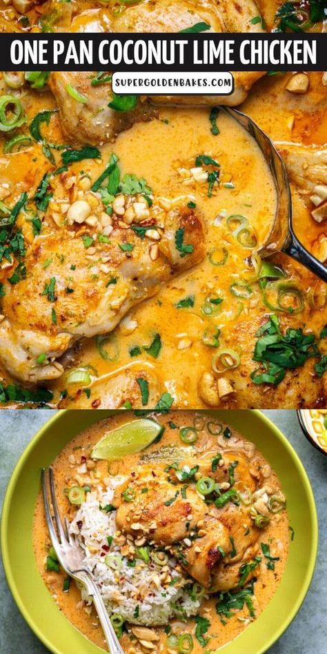 This creamy, zesty and delicious one pan Coconut Lime Chicken cooks in just 30 minutes! Skinless and boneless chicken thighs are first pan seared then braised in coconut milk until tender and packed with flavor. Shabbat Dinner Recipes, Chicken Thigh Casserole, Coconut Chicken Recipe, Healthy Chicken Thigh Recipes, Coconut Lime Chicken, Braised Chicken Thighs, Chicken Recipes Boneless, Clean Eating Chicken, Coconut Milk Recipes