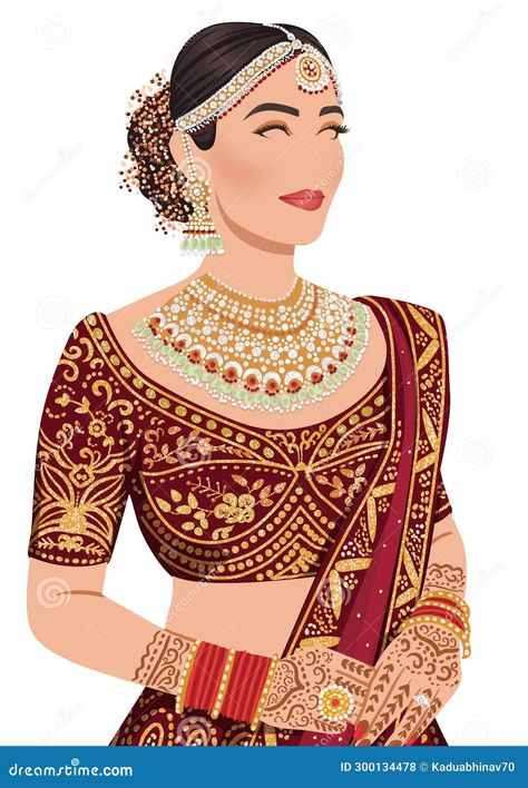 Indian Bridal Drawing, Bridal Illustration Indian, Bride Caricature, Mughal Dress, Bridal Drawing, Couple Template, Bride Illustration, Bride Fashion Illustration, Couple Illustration Wedding