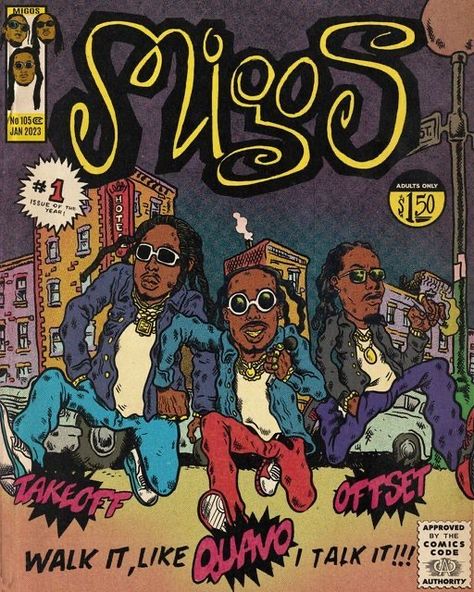 Migos Aesthetics, Rapper Comic Art, Migos Cartoon, Migos Poster, Migos Album Cover, Quavo Takeoff, Migos Wallpaper, Weeknd Quotes, Migos Quavo