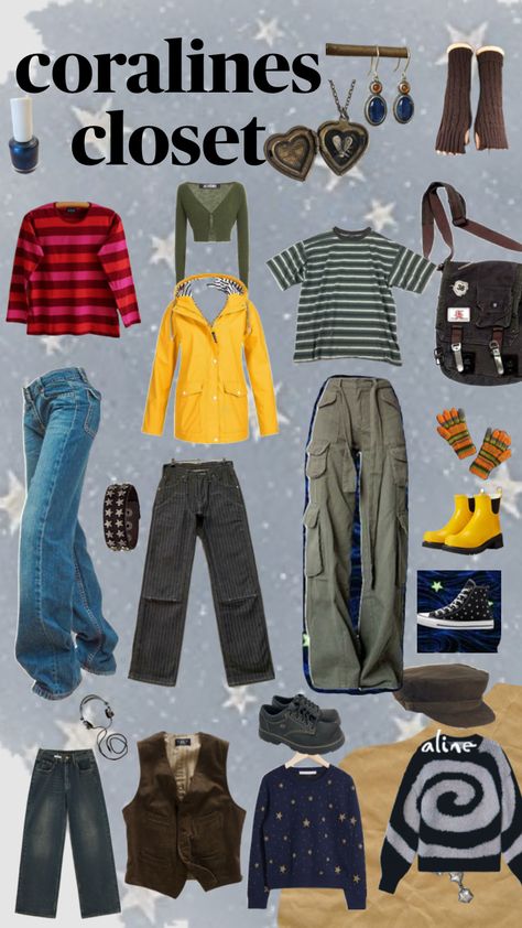 what I think coralines closet lookin like 💙 Coraline Characters, Coraline Halloween, Disney Trip Outfits, Tomboy Femme, Coraline Aesthetic, Trip Outfits, Aesthetic Outfit Ideas, Halloween Costume Outfits, Funky Outfits