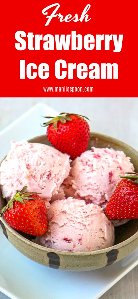 Egg-free and creamy-licious Fresh Strawberry Ice Cream. So easy to make and no need to use an ice cream maker! Fresh Strawberry Ice Cream, Strawberry Bubblegum, Strawberry Cheesecake Ice Cream, Homemade Strawberry Ice Cream, Ice Cream Recipes Machine, Strawberry Ice Cream Recipe, Ice Cream Maker Recipes, Cheesecake Ice Cream, Roasted Strawberries