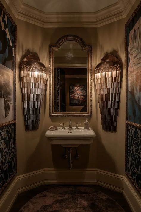 Elevate Your Bathroom with These 80+ Small Glam Concepts Small Glam Bathroom, Scary Bathroom, Fashion Bathroom Decor, Dramatic Powder Room, Glam Bathroom Ideas, Glamorous Bathroom, Glam Bathroom, Black Bathroom Decor, Glam Decor