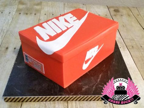 Nike Shoe Box with Custom Label - Cake by Cakes ROCK!!! Nike Shoebox Cake, Nike Box Cake, Nike Shoe Box Cake, Shoebox Cake, Nike Birthday, Nike Cake, Nike Party, Nike Shoe Box, Shoe Box Cake