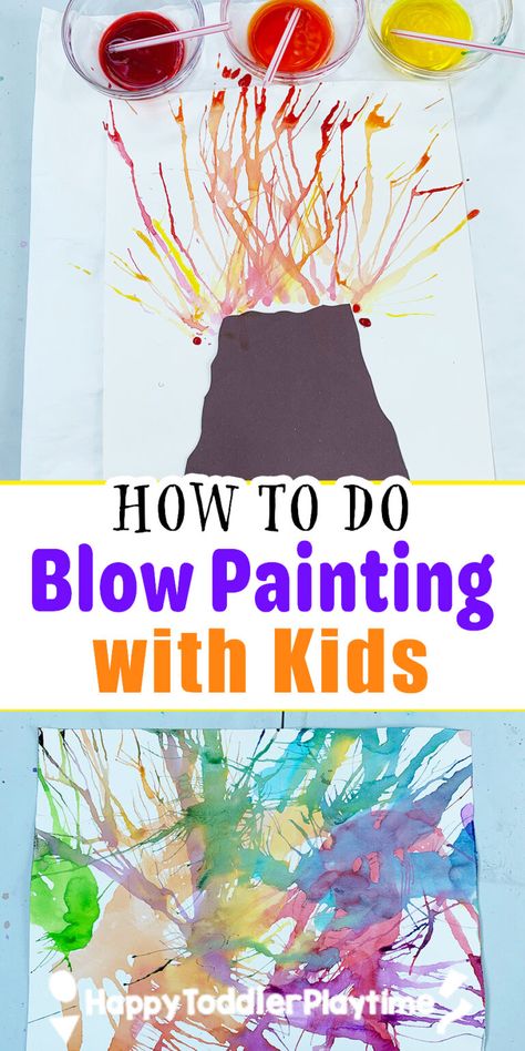 How to Easily Do Blow Painting with Straws - Happy Toddler Playtime Painting For Preschoolers Easy, Prek Painting Activities, Blow Straw Painting, Kindergarten Painting Activities, Painting With Kindergarteners, Straw Paint Blowing, Art Day Kindergarten, Straw Blow Painting, Straw Blowing Painting