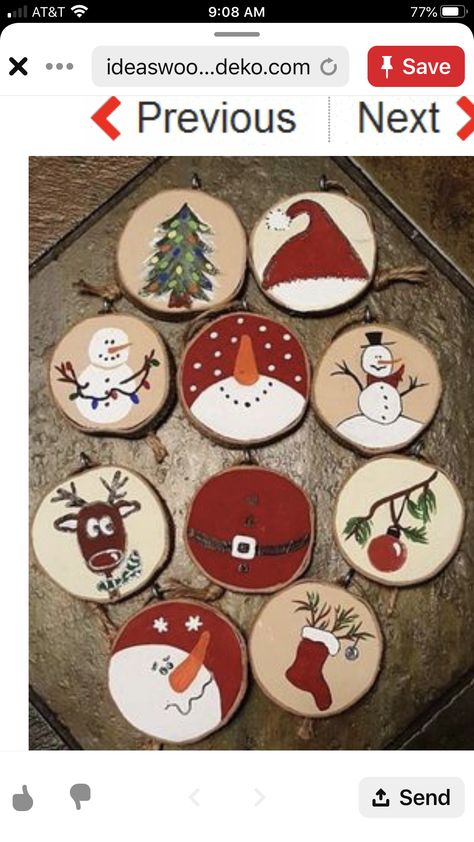 Wooden Slice Crafts, Painted Wood Discs, Wooden Disc Snowmen, Rudolph Wood Slice Ornament, Wood Slice Art Christmas Paw Print, Wood Slice Deer Ornaments, Wood Slice Snowflake Ornament, Wood Chips, Wooden Slices