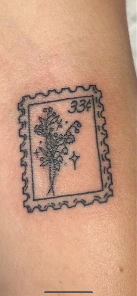 may birth flower stamp tattoo Lily Of The Valley Stamp Tattoo, Post Stamps Tattoo, Birth Flower Stamp Tattoo, Stamp Tattoo Flower, Lilly Of The Valley Tattoo Birth Flower, Post Stamp Tattoo Ideas, Stamp Tattoo Placement, Post Card Tattoo, Vintage Stamp Tattoo