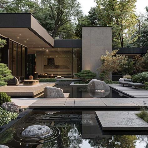 Zen House Exterior, Luxury Modern House Design, Beautiful House Exterior, Home Landscape Design, Pathway Design, Beautiful Houses Exterior, Inspiring Lifestyle, Luxury Landscaping, Home Landscape