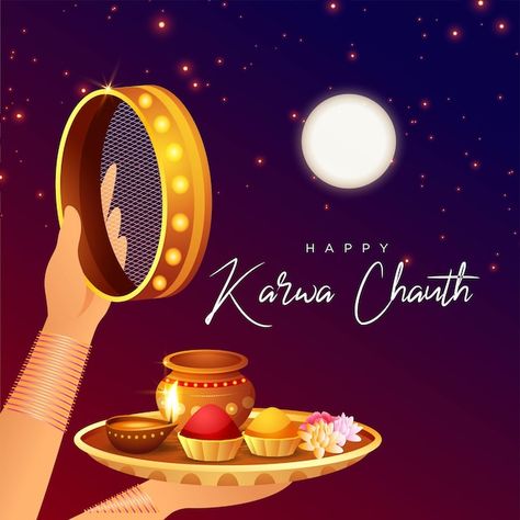 Banner design of happy karwa chauth temp... | Premium Vector #Freepik #vector #karwa-chauth #karva-chauth #karwa #puja-thali Karva Chauth Wishes, Karwa Chauth Images, Happy Karwa Chauth Images, Happy Anniversary To My Husband, Diwali Drawing, Beautiful Winter Pictures, Happy Karwa Chauth, Shri Radha, Karva Chauth