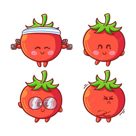 Cute and kawaii tomatoes sticker set wit... | Premium Vector #Freepik #vector #food #sports #cartoon #fruit Fruits Character Illustration, Tomato Cartoon Drawing, Tomato Character Design, Tomato Illustration Cute, Cute Tomato Cartoon, Tomato Character, Tomato Cartoon, Bean Character, Tomato Drawing