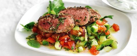 RECIPE: Greek Lamb Salad. Brought to you by MiNDFOOD. Lamb Backstrap, Backstrap Recipes, Lamb Shoulder Roast, Lamb Salad, Greek Lamb, Lamb Dinner, Lamb Dishes, Healthy Family Dinners, Greek Cooking