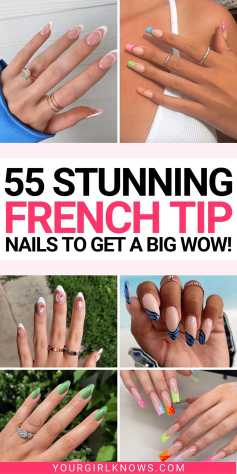 55 Creative french tip nails to get a clean celebrity look Nails Colored Tips Almond, Cute Easy French Tip Nails, French Split Tips Nails, Colored French Tip Nail Designs, Classic French Manicure Acrylic, Dip Nails French Tip Color, French Nails Tips Colors, Latest French Tip Nails, Different French Tip Nail Designs