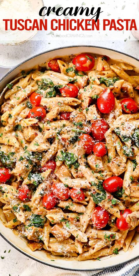 Chicken Tuscan Pasta - Carlsbad Cravings Tuscan Chicken And Pasta, Chicken Tuscan Pasta, Chicken Tuscan, Creamy Tuscan Chicken Pasta, 30 Minute Meals Chicken, Tuscan Pasta, Creamy Tuscan Chicken, Tuscan Chicken Pasta, Chicken Penne