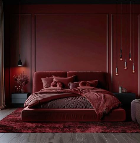 Dark Red Moody Bedroom, Burgundy Comforter Bedroom Ideas, Dark Red Accent Wall Bedroom, Oxblood Bedroom, Cherry Red Room Aesthetic, Dark Red Room, Red Accent Wall Bedroom, Dark Red Bedroom, Bordeaux Bedroom