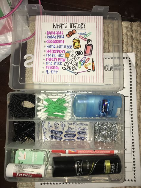 a survival kit i made for my drill team!! Cheer Emergency Kit Diy, Cheerleading Survival Kit Ideas, Drill Team Sister Gift Ideas, Beauty Pageant Survival Kit, Cheer Travel Kit, Gifts For Drill Team Cute Ideas, Team Gift Ideas Cheer, Dance Competition Emergency Kit, Senior Gift Ideas Dance Team