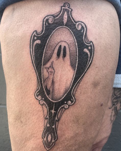 Lil ghosty in a mirror! SUPER swollen but I wanted to share • • • • #ghosttattoo #mirror #ghost #ghosty #ink #inked #cute #cutetattoo #michigantattooers #michigantattooartist #middlefinger #blackwork #blackworktattoo #tattoodesign #femaletattooartist #tattooartist #boo #linework #stipple #stippleshade #stippleshading #stippletattoo #blackandgrey #blackandgreytattoo Ghost Mirror Tattoo, Tattooed Ghost, Ghost In Mirror Tattoo, Glitter Ghost Tattoo, Tattooed Ghost Tattoo, Goth Ghost Tattoo, Michigan Tattoos, Mirror Tattoos, Ghost Tattoo