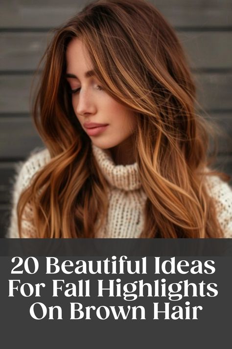 Woman with long, wavy brown hair showcasing autumn-inspired highlights. Text: "20 Beautiful Ideas For Fall Highlights On Brown Hair". Medium Brown Hair With Highlights, Caramel Balayage Brunette, Copper Highlights On Brown Hair, Dark Auburn Hair Color, Highlights On Brown Hair, Fall Highlights, Dark Auburn Hair, Warm Brown Hair, Highlights For Dark Brown Hair