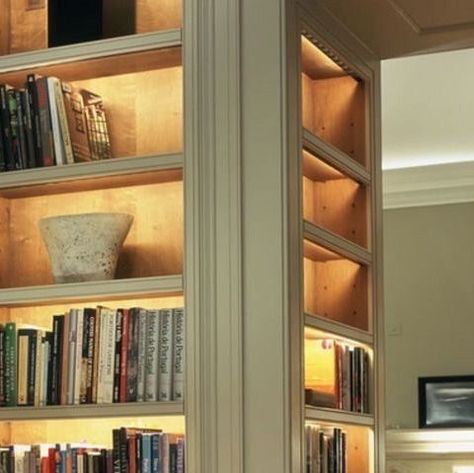 Shannon Thayer Miller on Instagram: "Bookcase Undershelves lighting #lighting #lightingschemes #bookshelflighting #bookcaseinterior #libraryillumination #elegant #elegantlighting #love #brilliant #bookcasesolutions #underlights #serene" Built In Bookcase With Lights, Library Sconces Bookshelves, Backlit Bookshelves, Library Lights On Bookcase, Bookcase Lighting Ideas, Floor To Ceiling Bookshelves, Bookshelf Lighting, Bookcase Lighting, Zoom Background