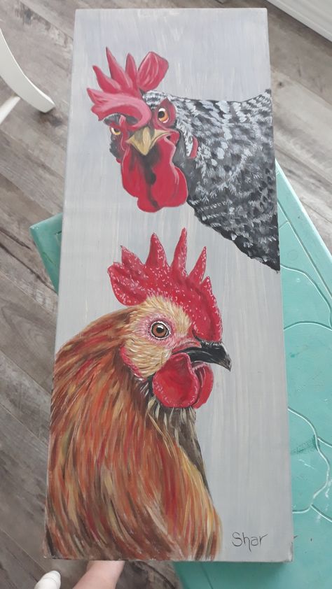 Black And White Chicken Painting, Painted Chickens On Wood, Chicken Painting Tutorial, Acrylic Chicken Painting, Farm Animal Paintings Acrylic Easy, Chicken Paintings On Canvas, Simple Chicken Painting, How To Paint A Chicken, Christmas Chicken Painting