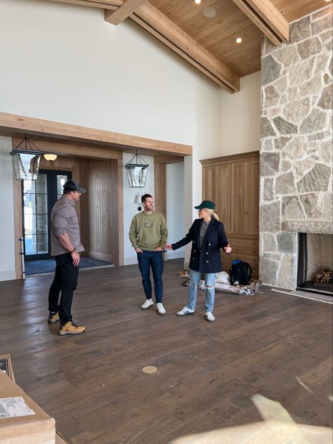 Double Beams Ceiling, Pitched Living Room Ceiling, Structural Beams Open Spaces, White Oak Vaulted Ceiling, Ridge Beam Vaulted Ceiling, Wood Celing Roof Design, Mountain Home Interiors Kitchen, Great Room Ceiling Ideas, Wood And Stone Interior