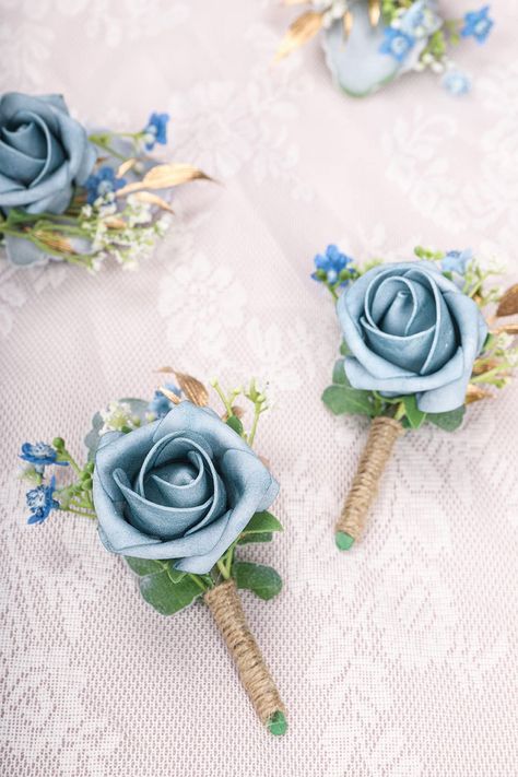 Rose Boutonnieres for Men Wedding Groom and Groomsmen Boutonniere for Rustic Fall Vintage Wedding, Dusty Blue #affiliate #dustybluewedding #dustyblue #wedding #boutonniere Blue Boutonniere, Boutonnieres Prom, Rose Boutonniere, Groomsmen Boutonniere, Prom Wedding, Foam Roses, Baby S Breath, Dusty Blue Weddings, Wrist Corsage