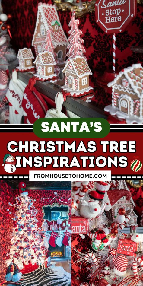 How To Decorate A Fun Santa Christmas Tree | Christmas Decorations Santa Themed Christmas Tree, Santa Hat Tree Topper, Red And White Decorations, Christmas Pictures With Lights, Santa Hat Tree, Tree Topper Ideas, Santa Mailbox, Hat Tree, Grinch Trees