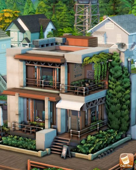 Bistro & Internet Cafe || no CC #eapartner Hello! I'm back with another build in The Sims 4. I am transforming Copperdale with a Chic Industrial Bistro & Internet Cafe! This is a cozy hangout for Coffee, Study Sessions and Finals Prep ☕📚 This is my build for the #LosCoffeShops challenge hosted by Alex, aka lifeofsims ! I hope you like it! #thesims4 #sims4builds #ts4 #thesims Sims 4 Coffee Shop, Sims 4 Cafe, Modern Industrial House, Ts4 Builds, Loft Windows, The Sims 4 Lots, Coffee Study, Internet Cafe, Bloxburg Houses