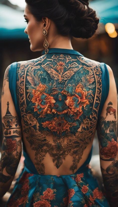 Feminine Full Back Tattoos, Mexican Back Tattoos, Full Back Tattoo Women, Jagua Henna, Torso Tattoos, Full Back Tattoos, Tattoed Women, Intricate Tattoo, Full Body Tattoo