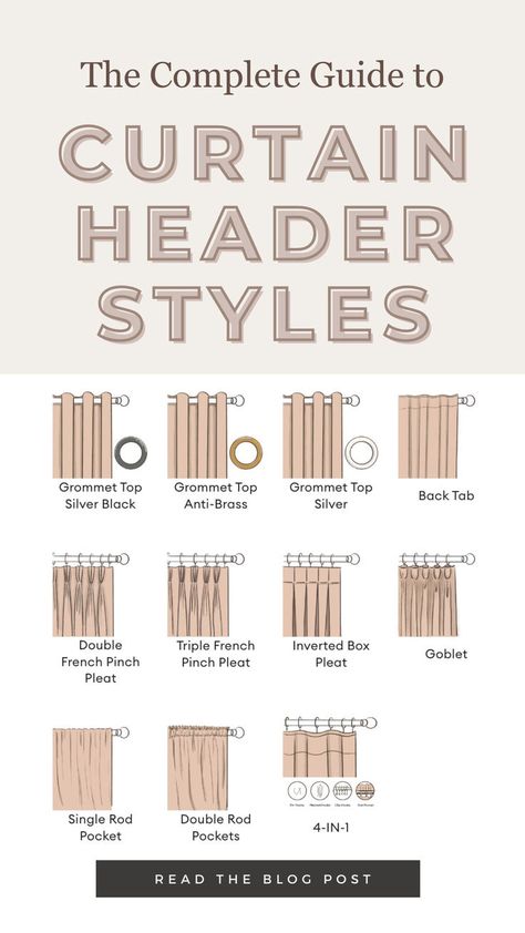 Curtain Headings Styles, Types Of Curtain Pleats, Types Of Curtains Style, Curtain Pleats Styles, Curtain Length Guide, Curtain Layering, Different Types Of Curtains, Styles Of Curtains, Home Room Ideas