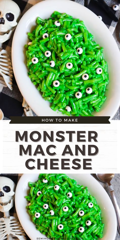 Monster Mac and Cheese - a semi homemade, fun and savory Halloween recipe using macaroni and cheese, green food coloring and candy eyes! This Monster Mac and cheese is the perfect Halloween lunch or Halloween dinner! Toxic Mac And Cheese Halloween, Food To Bring To A Halloween Party, Halloween Themed Toddler Food, Halloween Treats For Kids Healthy, Cute Halloween Party Snacks, Boo Day Party Food, Monster Mac And Cheese, Halloween Dinner For A Crowd, Hocas Pocas Party Food