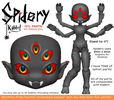 [KABBIT BJD] - Spidery Kabbit Ball Jointed Doll - (For FDM or SLA Printing) Doll Plushies, Fantasy Art Dolls, Ball Jointed Doll, Ooak Art Doll, Anime Dolls, Doll Repaint, Doll Maker, Ooak Dolls, Custom Dolls